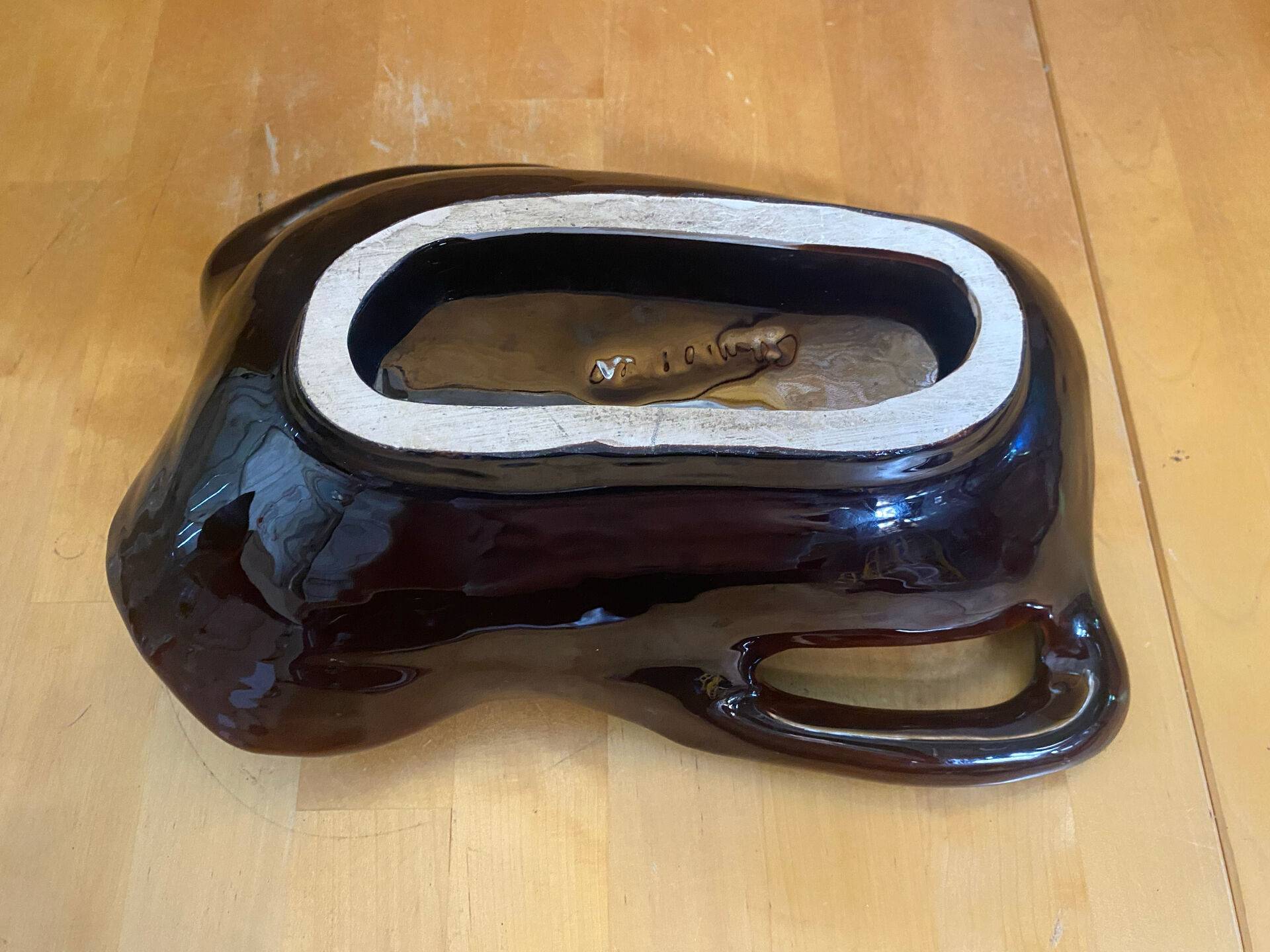 Coupe Centre De Table VALLAURIS Céramique Marron & Bleu Vintage #E172