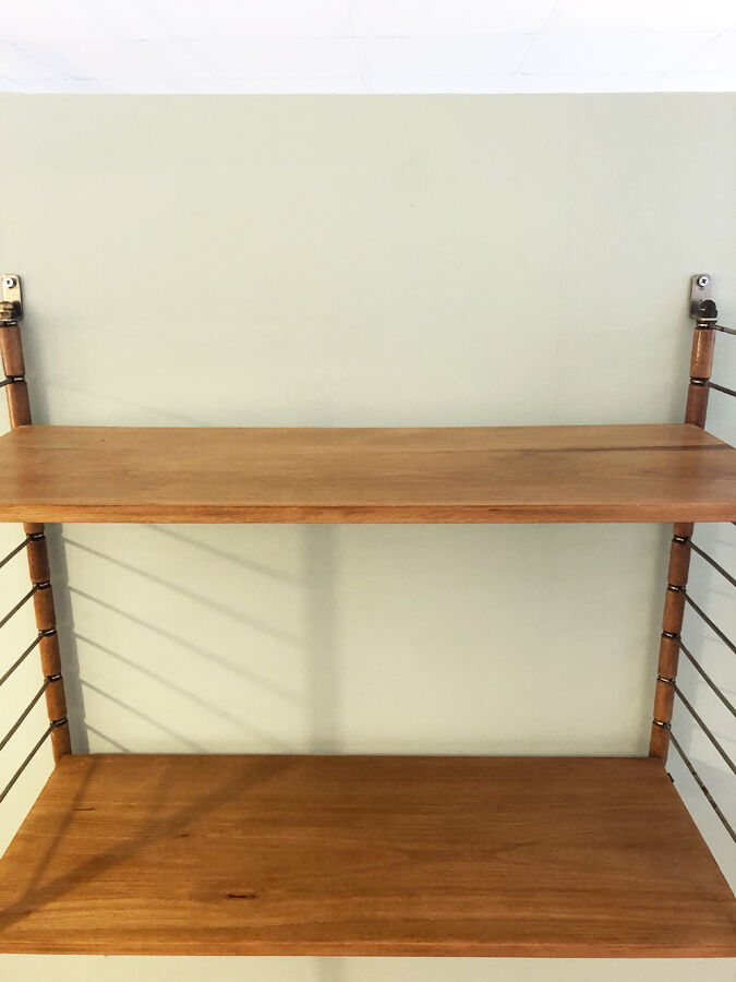 Vintage wall shelf, wood and brass, 1960