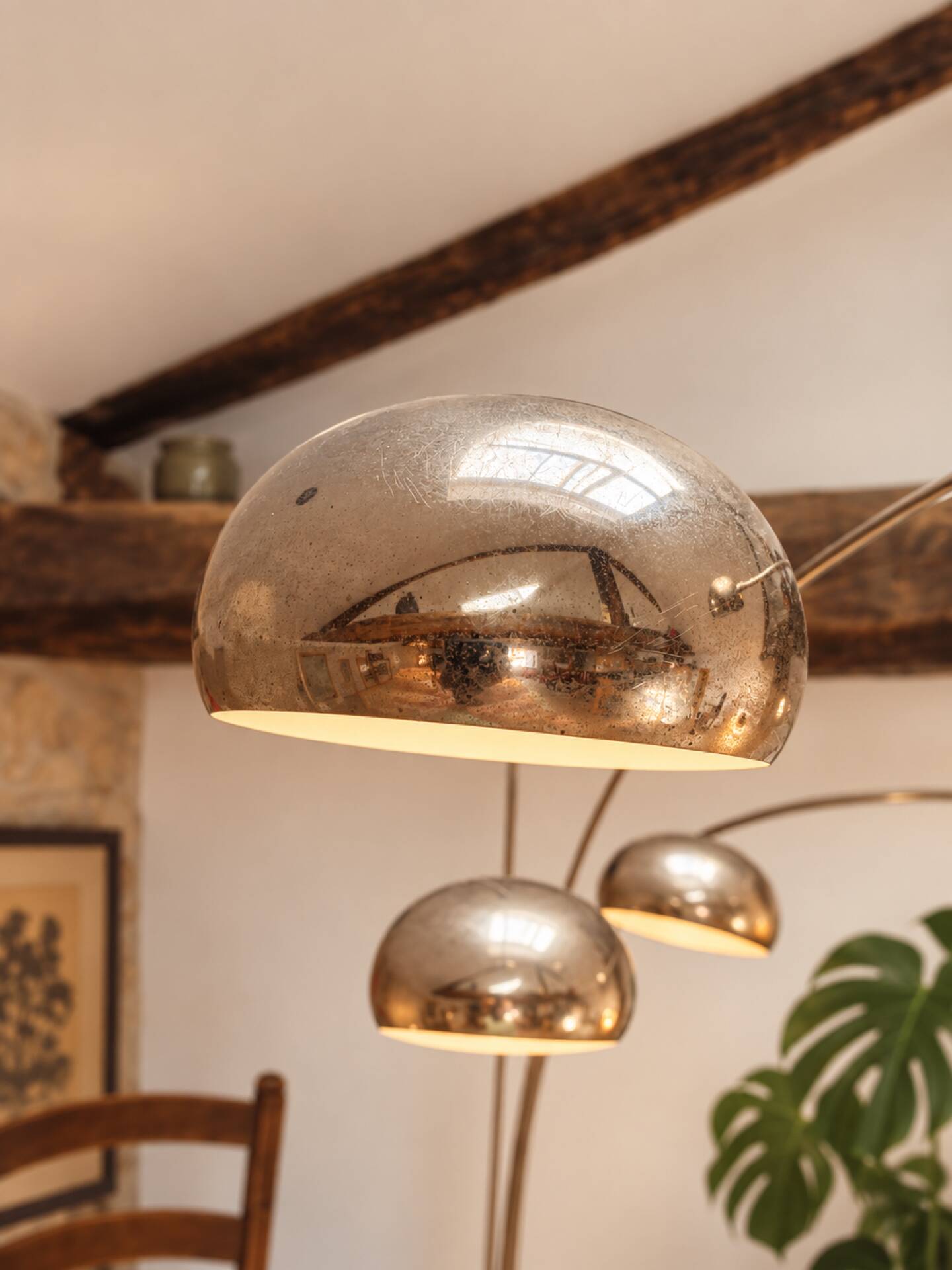 Arc floor lamp with 5 lights in chrome metal and marble – Space Age style