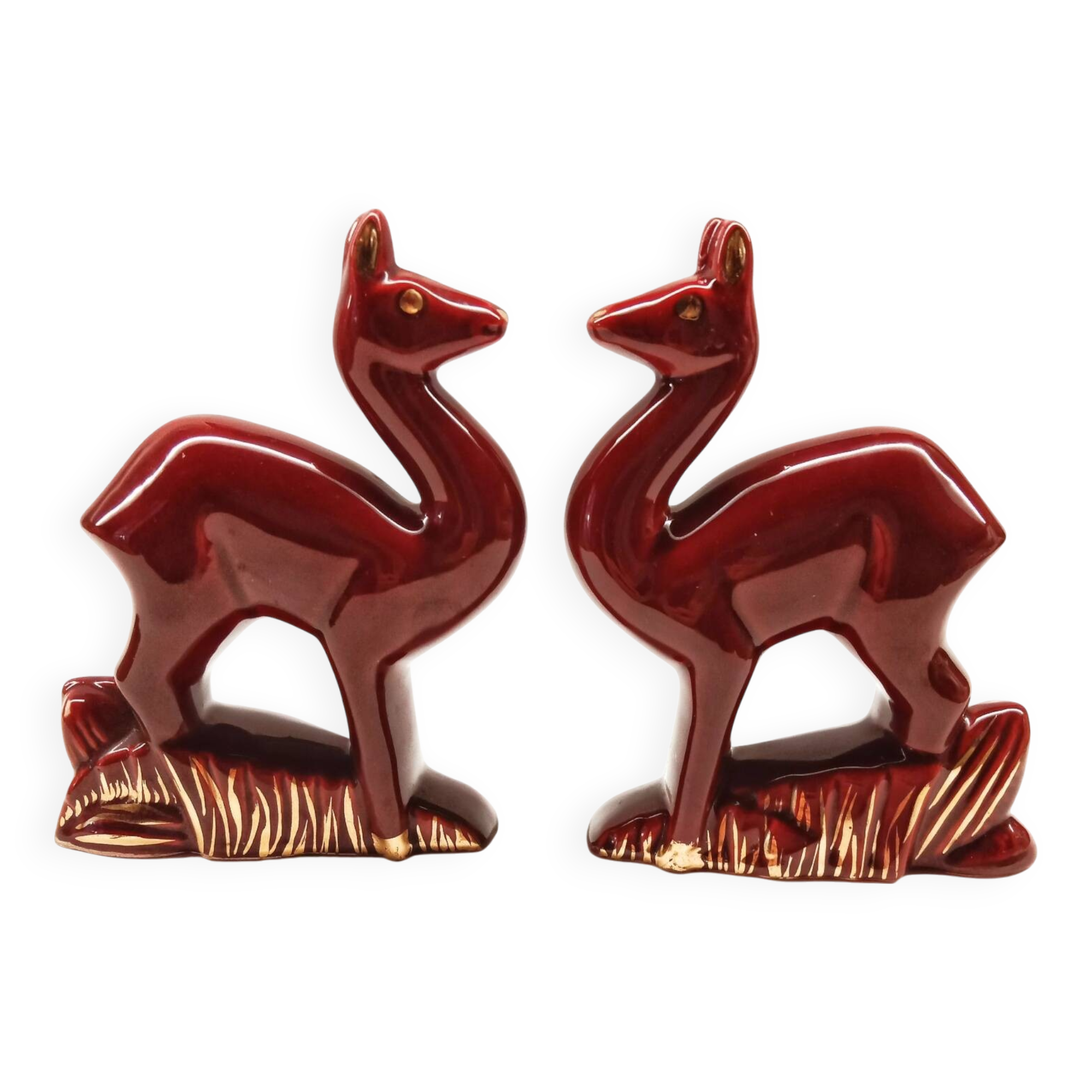 Lot of 2 Art Deco Ceramic Deer in Burgundy and Gold France
