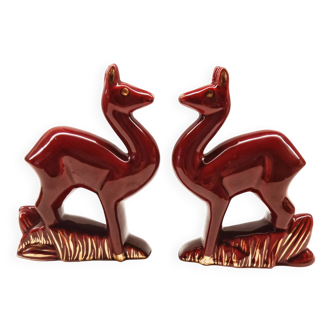 Lot of 2 Art Deco Ceramic Deer in Burgundy and Gold, France