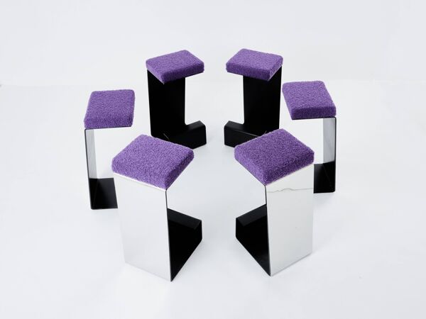 Set de 6 tabourets de bar fer forgé acier poli laine bouclé 1970