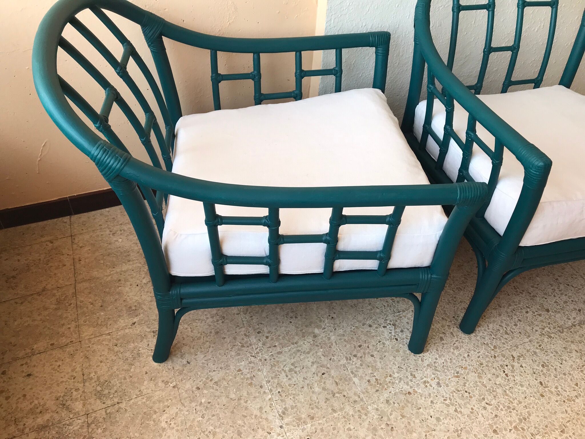 Pair of vintage blue rattan armchairs