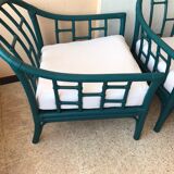 Pair of vintage blue rattan armchairs