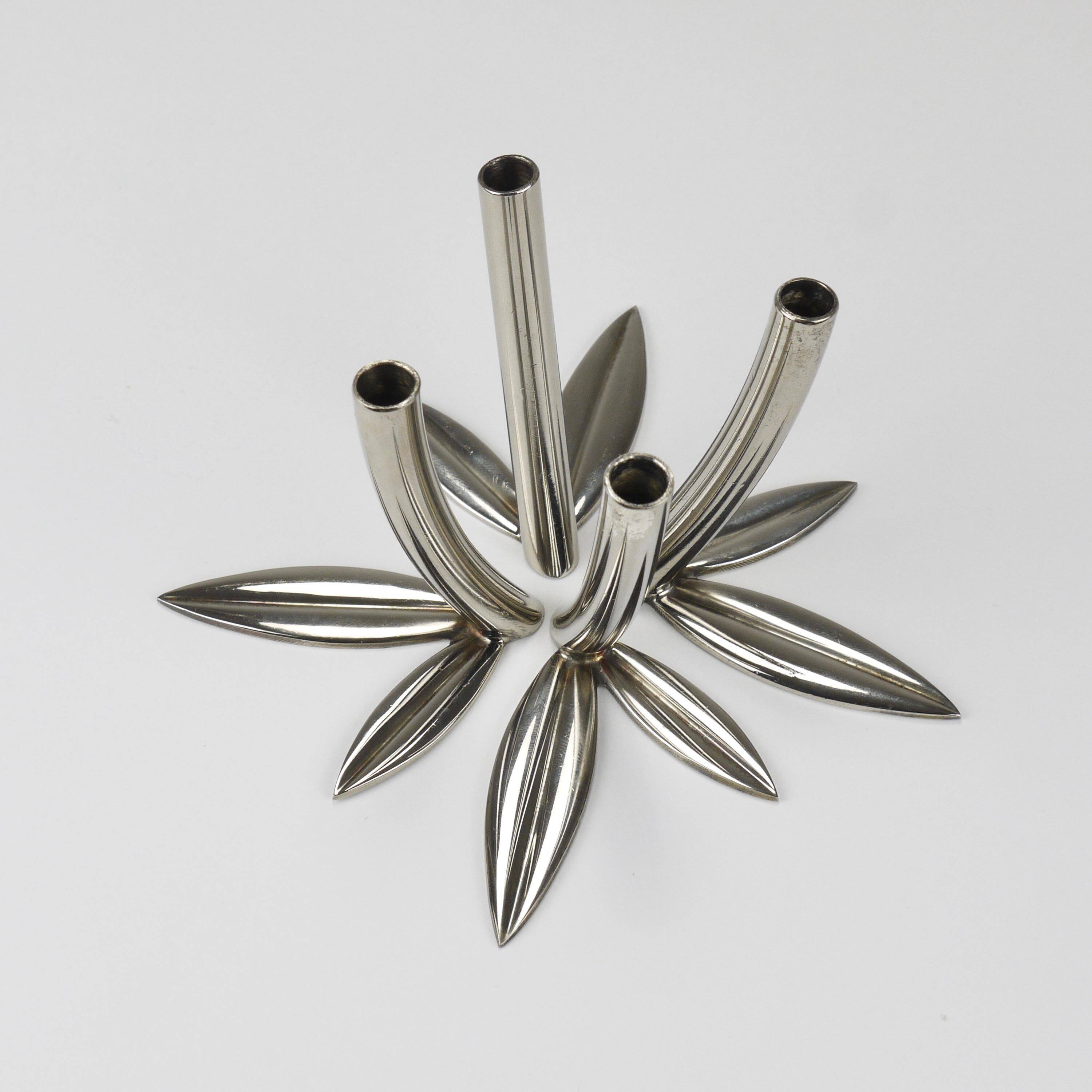 Werkstätte Hagenauer Up to 6 Soliflore Vases Leaf, Brass & Nickel, Vienna, 1960s