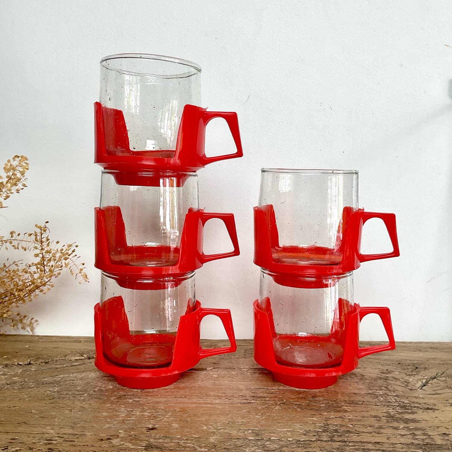 5 vintage red glass and plastic cups
