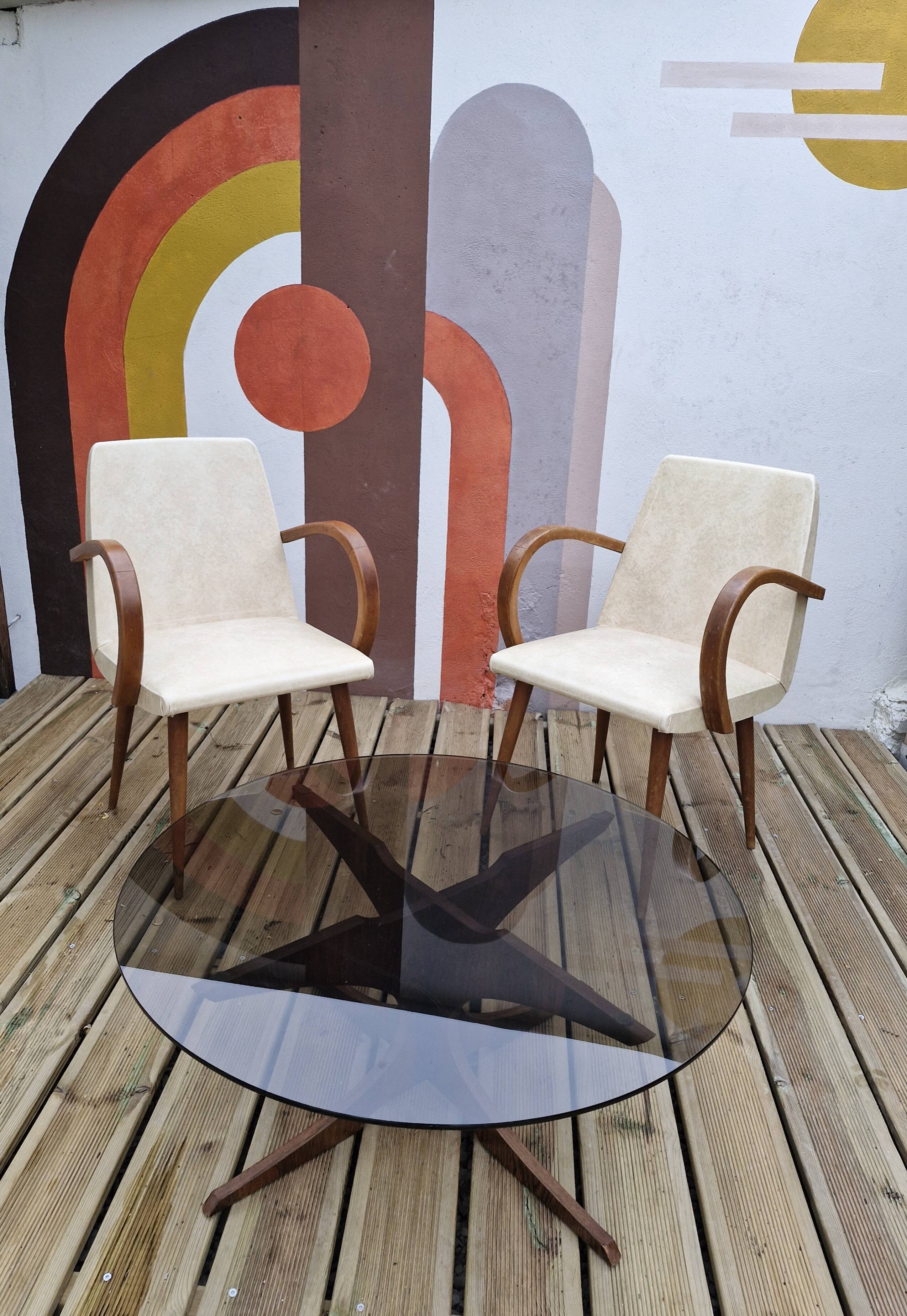 Vintage coffee table from the 60s and 70s by Hugues POIGNANT, smoked glass & teak.