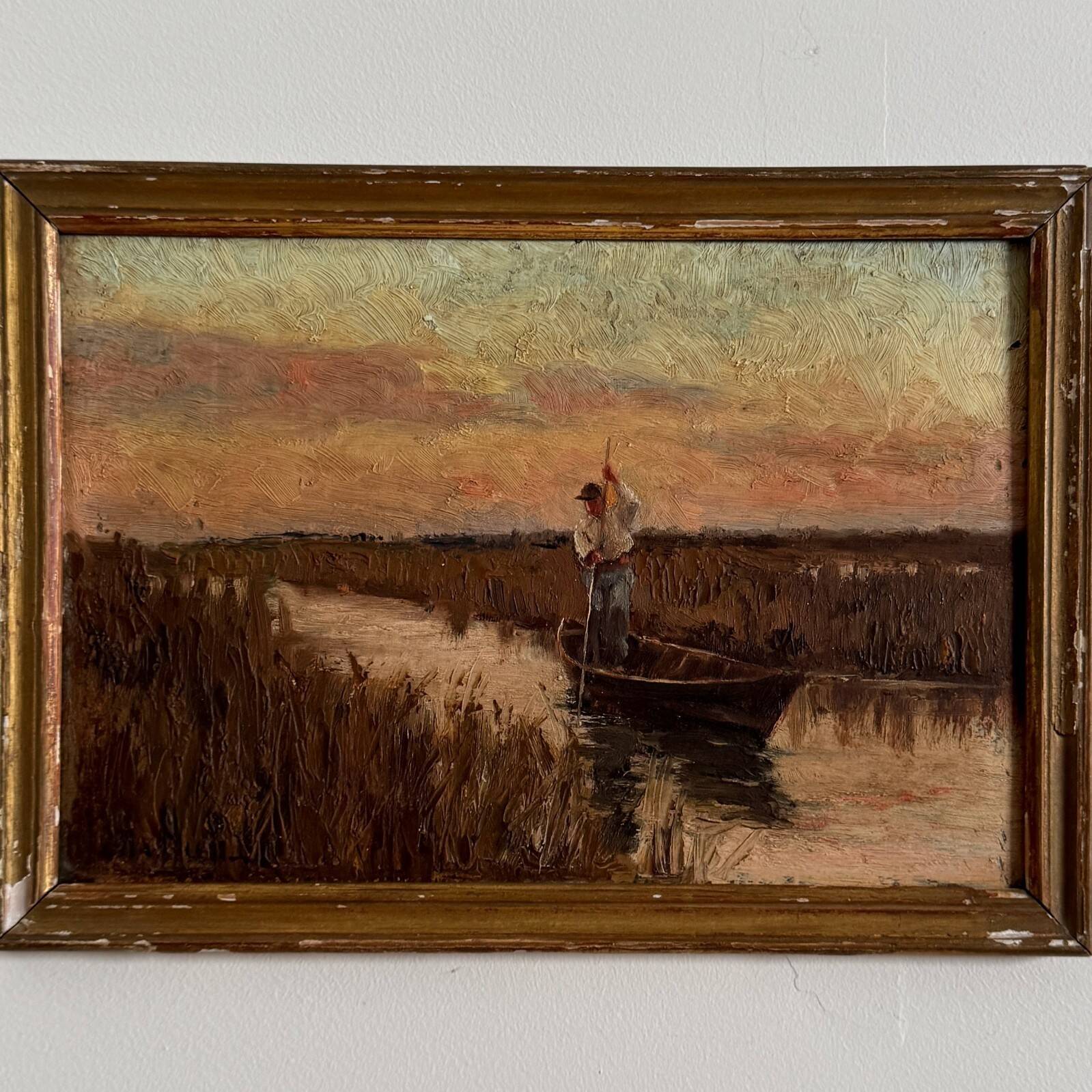 Oil on panel fisherman in a marsh Impressionism early 20th century