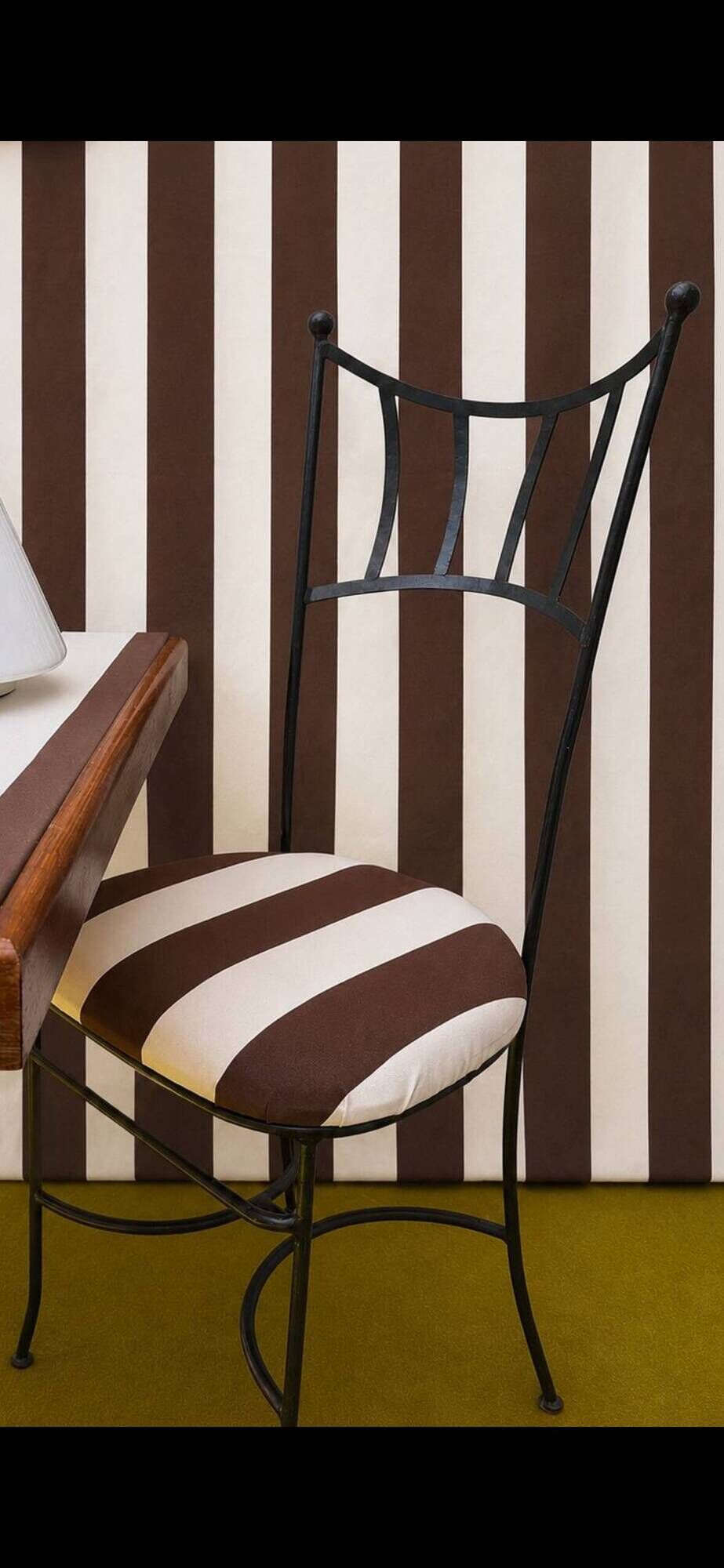 6 wrought iron chairs with deck chair fabric