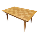 Table with oak veneer in a checkerboard pattern, hairpin legs from the 1970s.