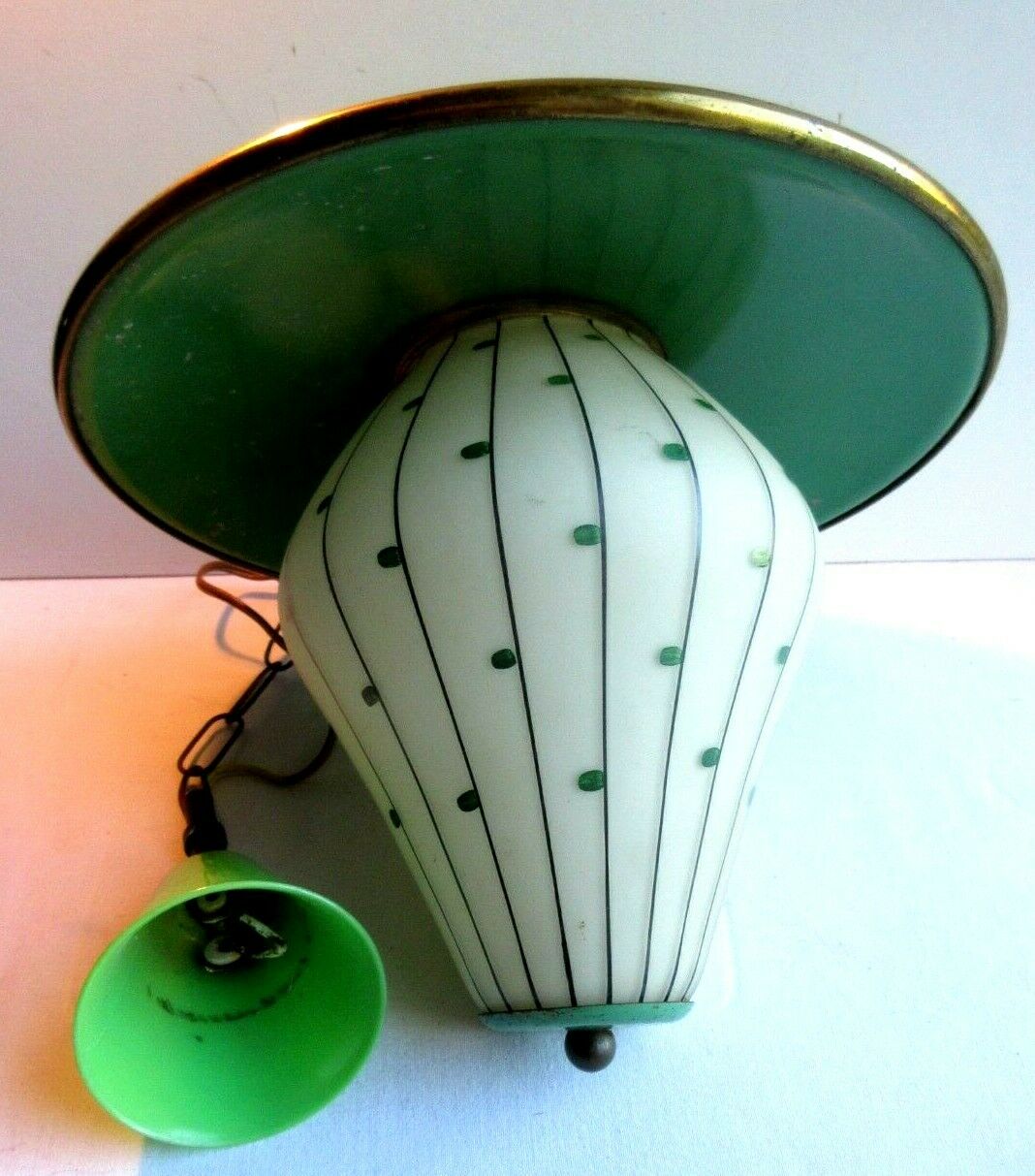 Green sheet metal and globe glass hanging lamp