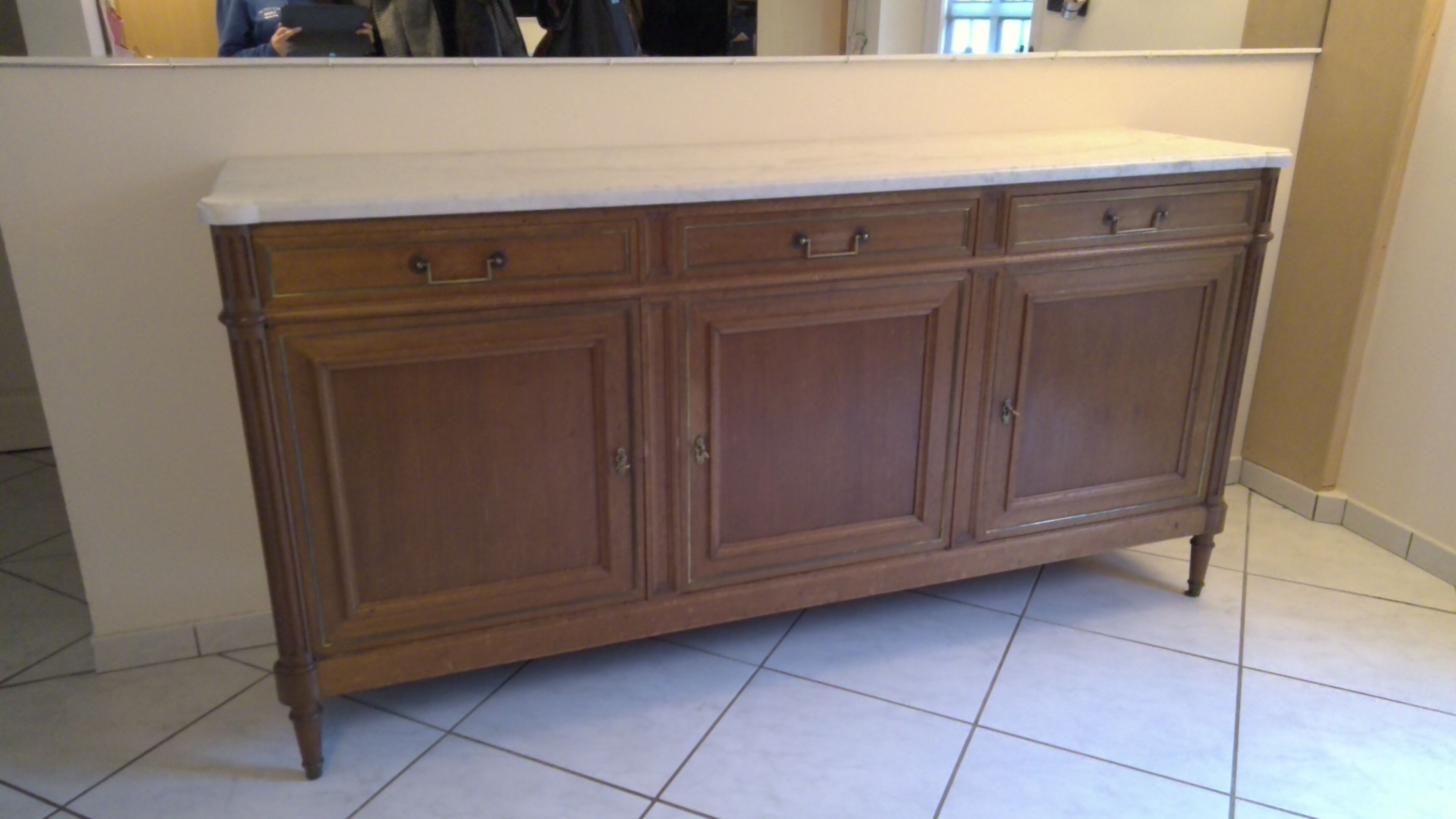 Sideboard 3 doors in mahogany style Louis XVI marble top