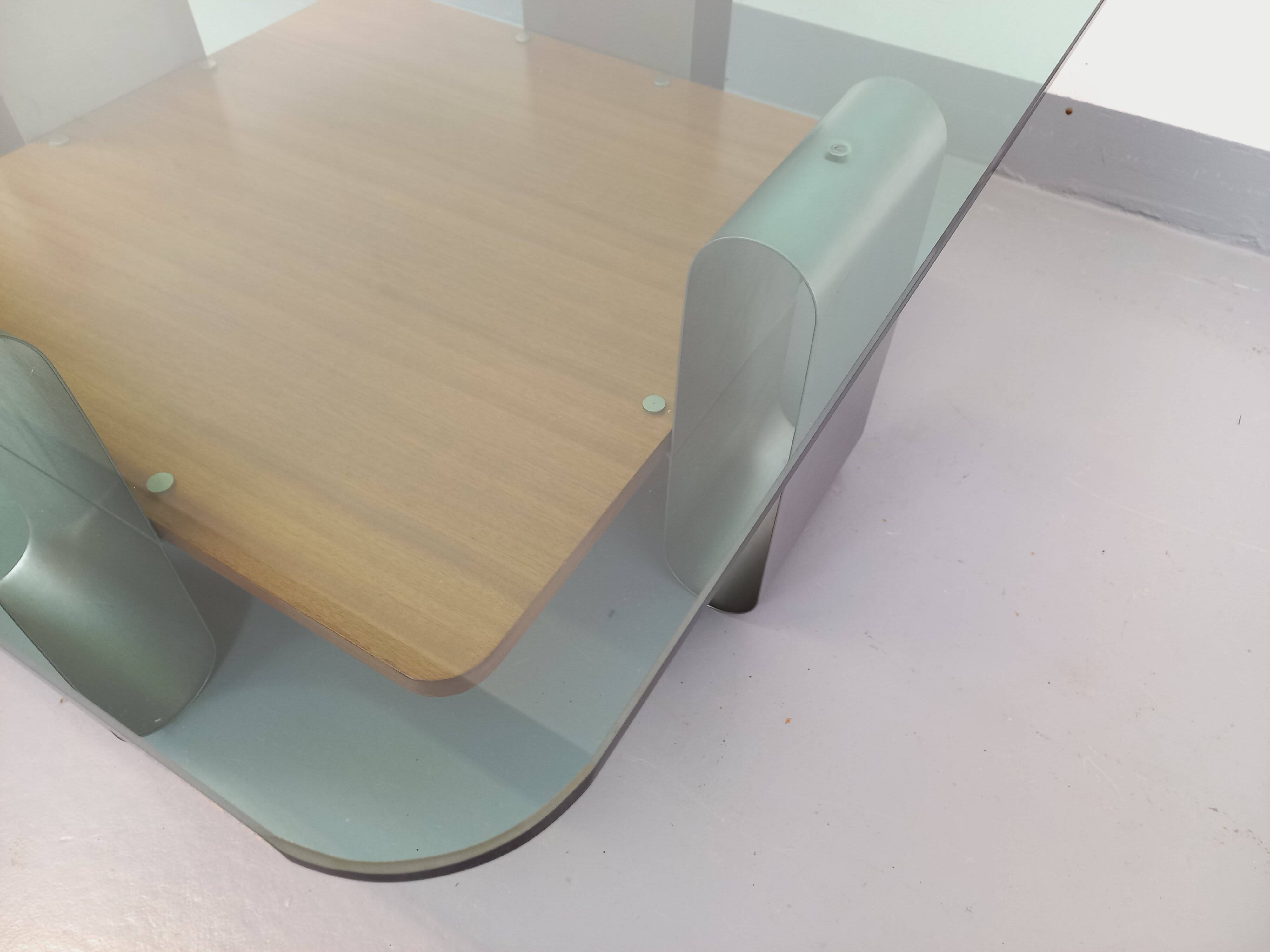 Square coffee table with 2 trays, vintage Space Age style from the 70s, in bluish smoked glass, teak