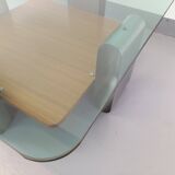 Square coffee table with 2 trays, vintage Space Age style from the 70s, in bluish smoked glass, teak