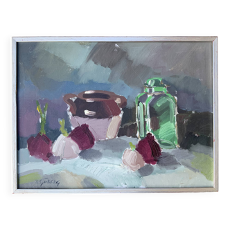 Vintage Modernist Oil Painting Still Life with Red Onions by B.Sjuberg 1960s