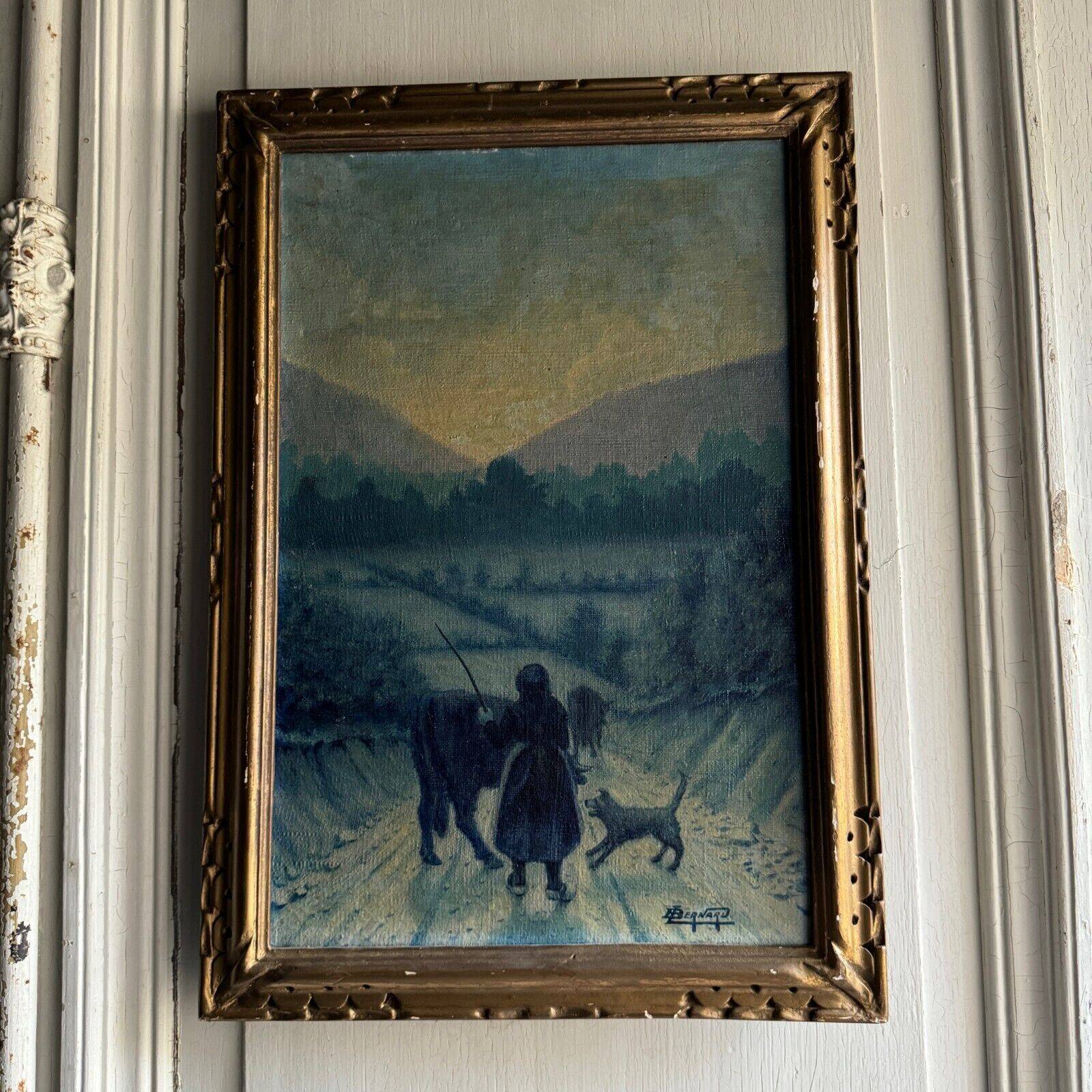Oil on canvas by Bernard XXe representing a farmer's wife on a path