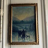 Oil on canvas by Bernard XXe representing a farmer's wife on a path