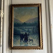 Oil on canvas by Bernard XXe representing a farmer's wife on a path