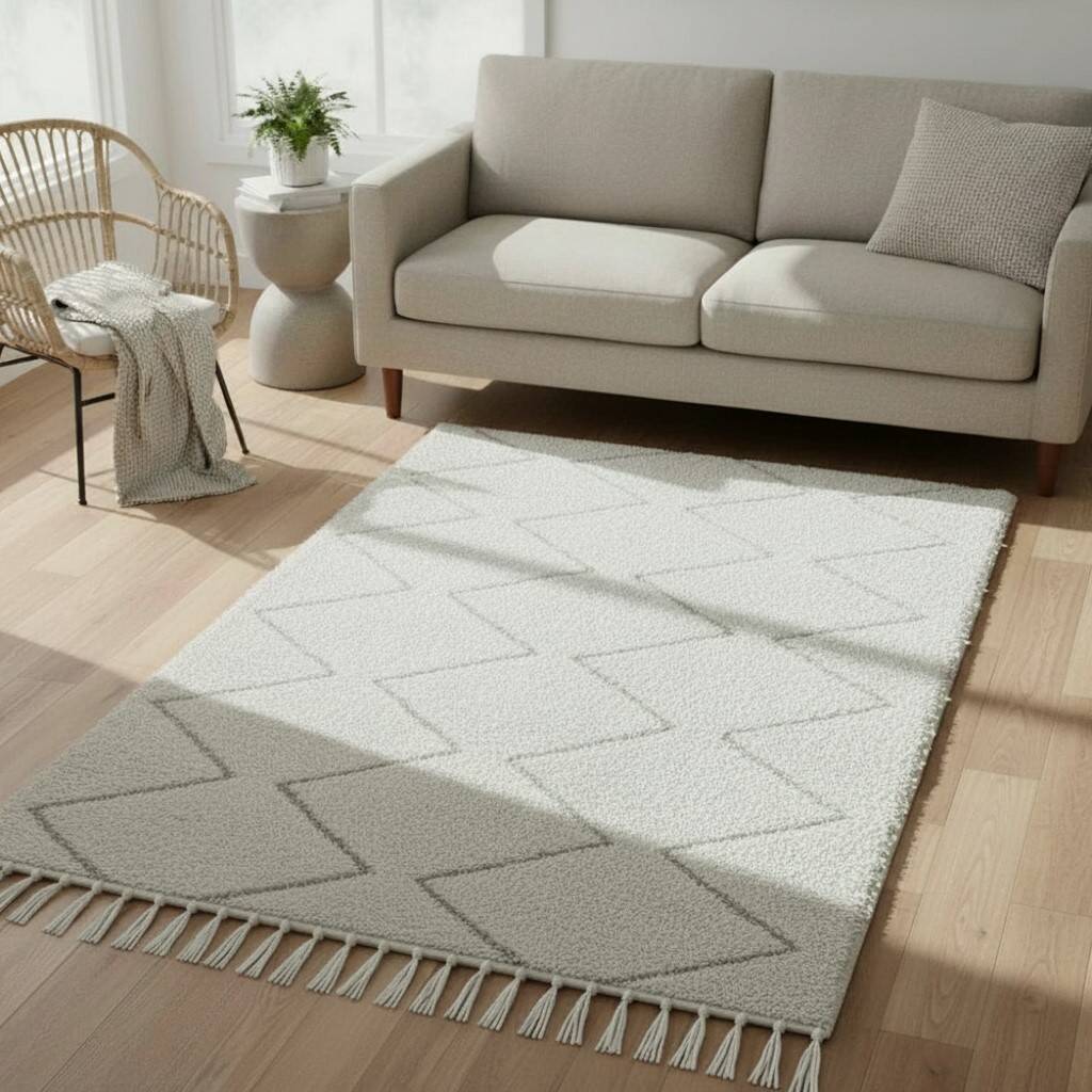 Small white Moroccan rug with diamond pattern
