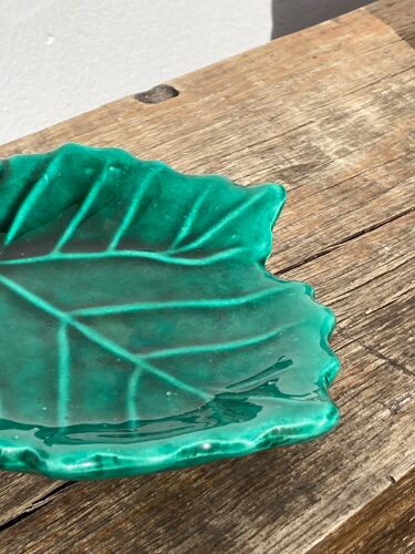 Coupelle en barbotine de feuille céramique vintage verte / vide poche