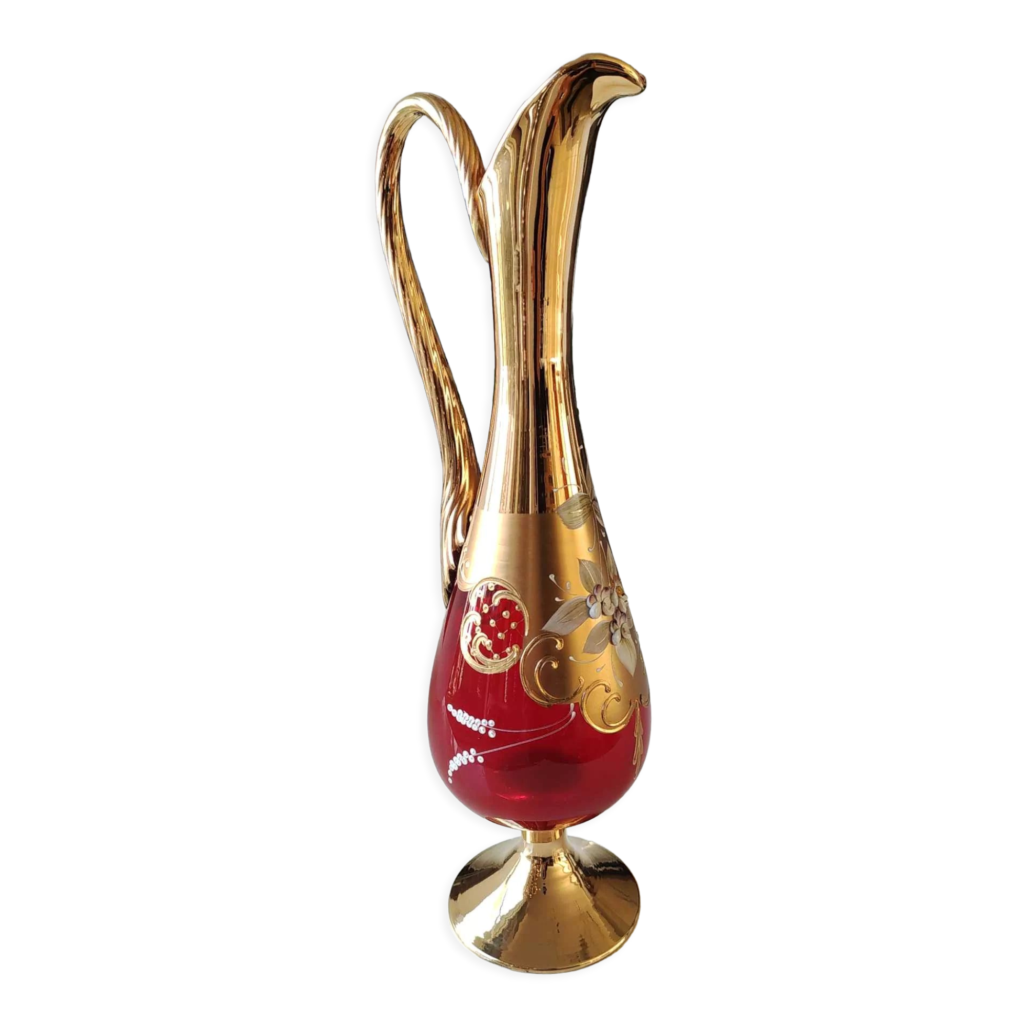 Vase/Ewer in blown Murano Art Glass/Trefuochi model, in ruby red & gold colours