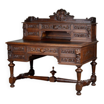 George III style bureau in carved solid oak, circa 1880.