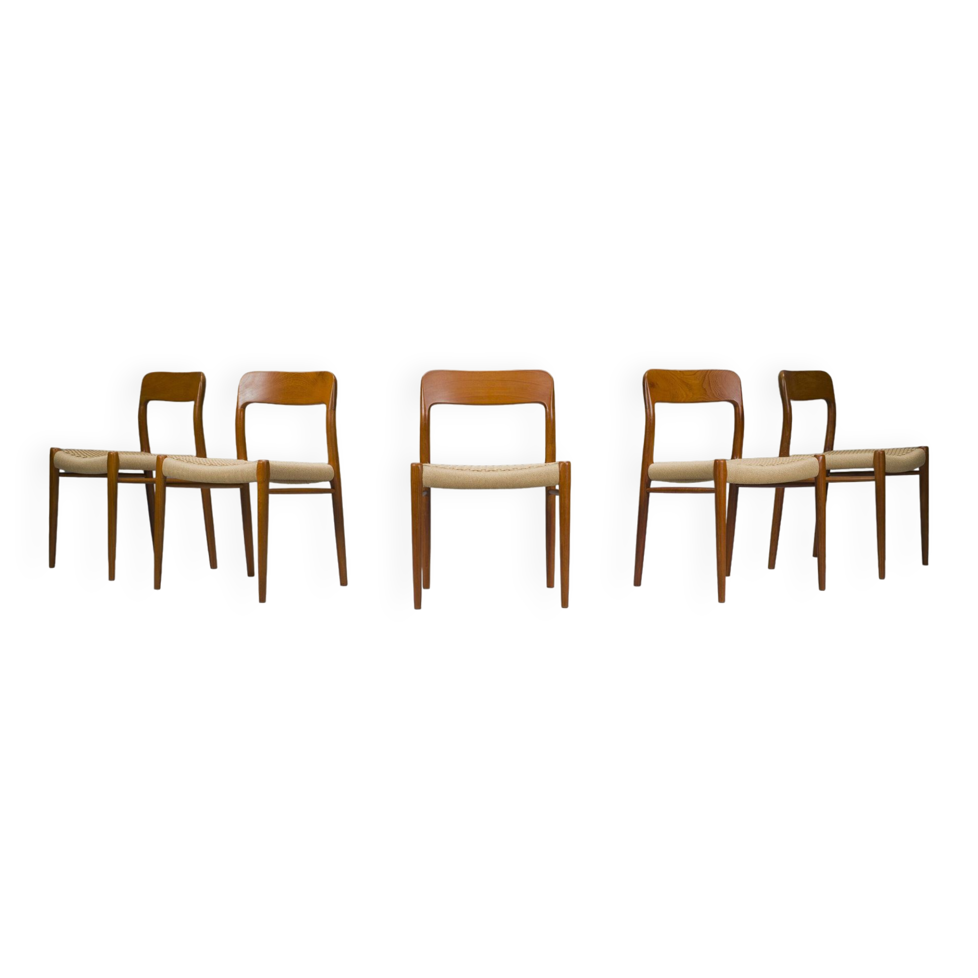 Danish Teak Mod. 77 Dining Chairs with Paper Cord by Niels O. Møller for JL Møllers, 1959, Set of