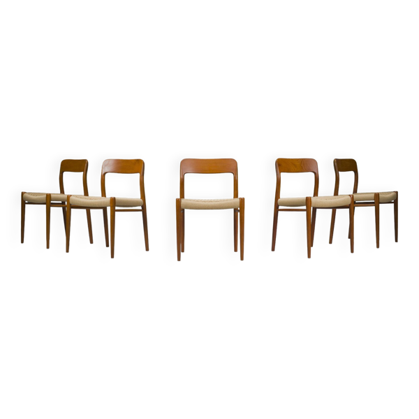 Chaises de salle à manger danoises en teck Mod. 77 avec corde en papier par Niels O. Møller pour J.L. Møllers, 1959, Ensemble de