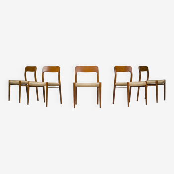 Danish Teak Mod. 77 Dining Chairs with Paper Cord by Niels O. Møller for JL Møllers, 1959, Set of