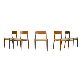 Danish Teak Mod. 77 Dining Chairs with Paper Cord by Niels O. Møller for JL Møllers, 1959, Set of