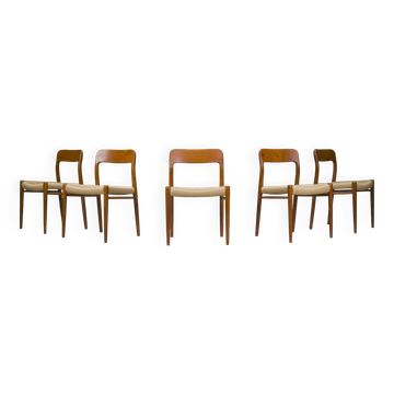 Danish Teak Mod. 77 Dining Chairs with Paper Cord by Niels O. Møller for JL Møllers, 1959, Set of