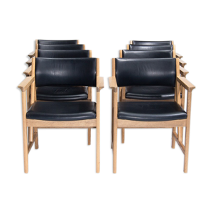 8 chaises de salle à manger en chêne en cuir par Soren Holst pour Fredericia, milieu du siècle danois des années 1970