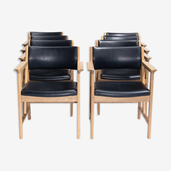 8 Oak Dining Chairs in Leather By Soren Holst For Fredericia, Mid Century Danish 1970’s