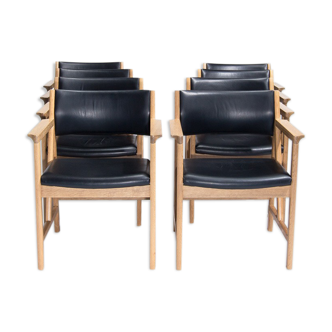 8 Oak Dining Chairs in Leather By Soren Holst For Fredericia, Mid Century Danish 1970’s