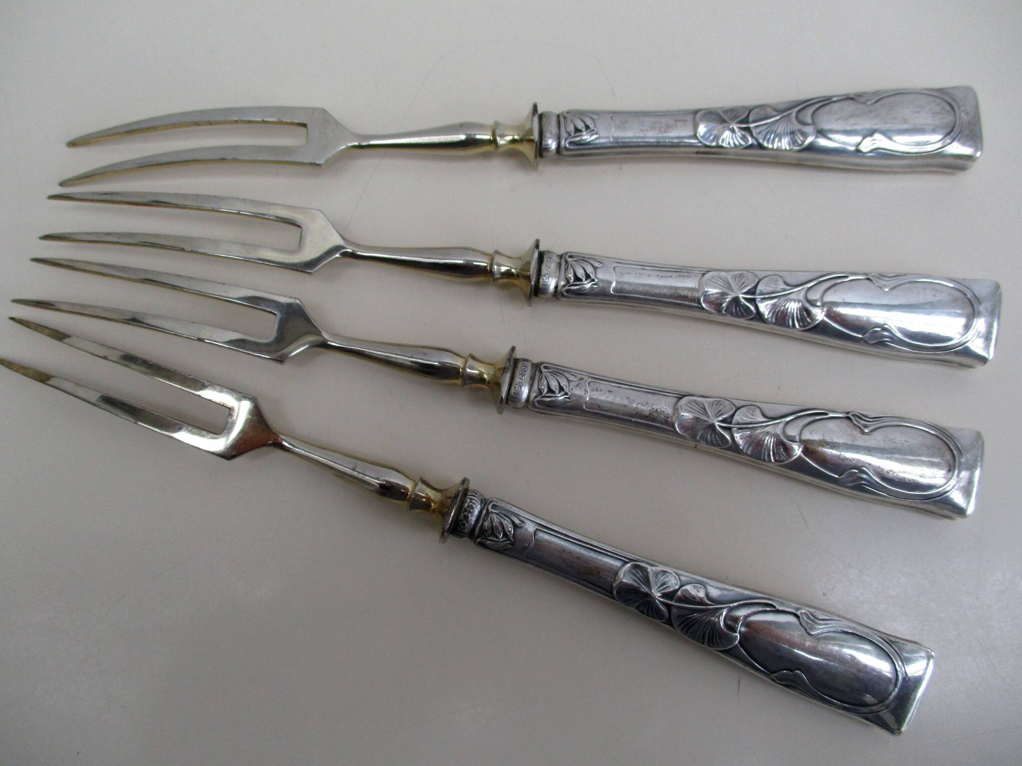 serving forks silver handles germany origin -box of- 4 art nouveau
