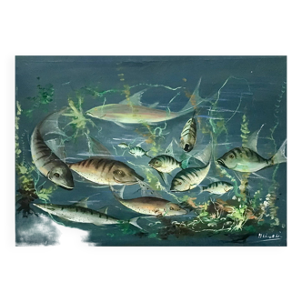 Congolese School Aquatic fauna Oil on canvas signed