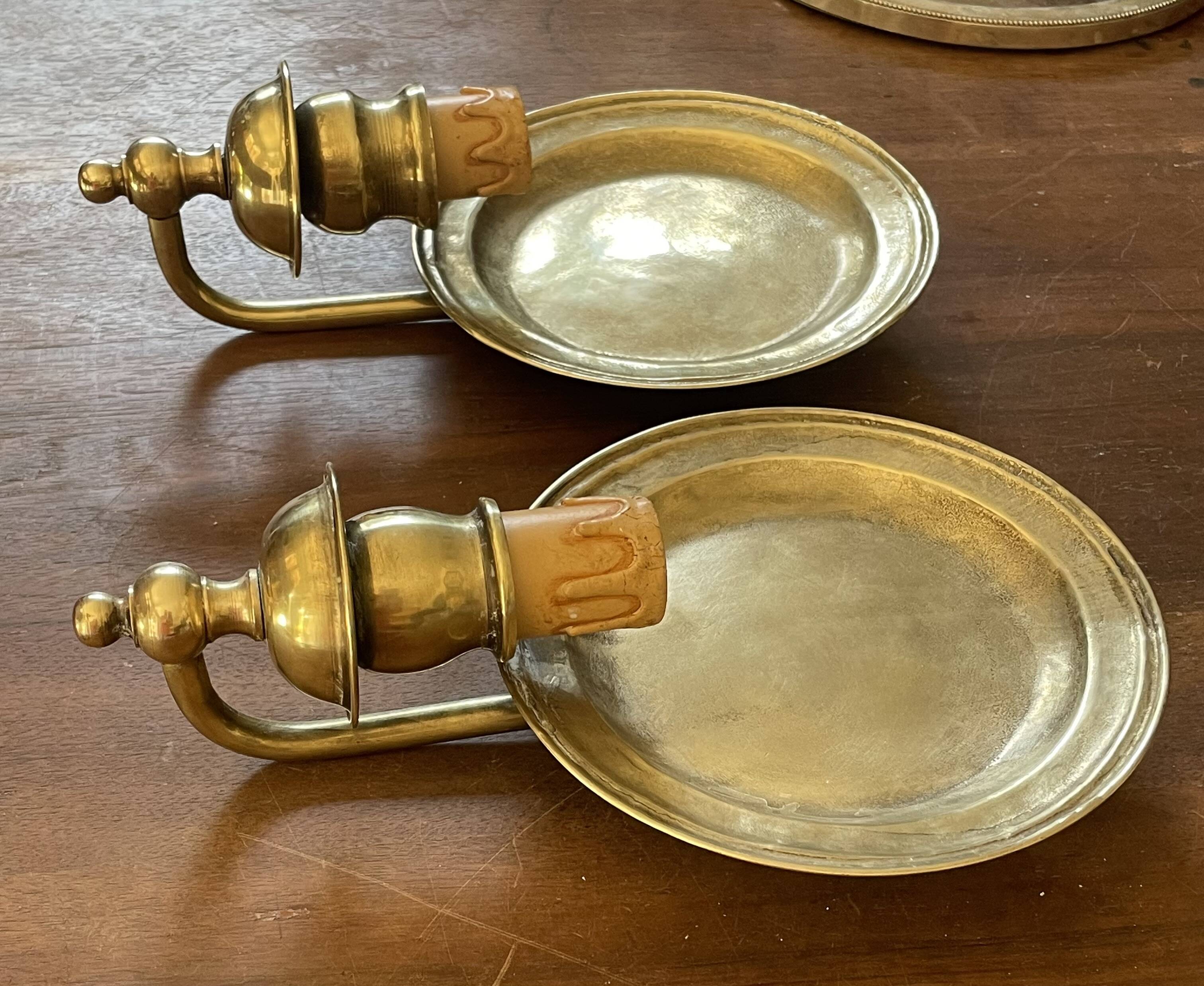 Pair of vintage wall sconces in textured brass, brutalist style.