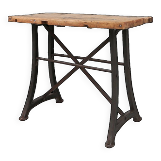Industrial bar/bistro table with cast iron legs and wooden top, Belgium ca. 1920