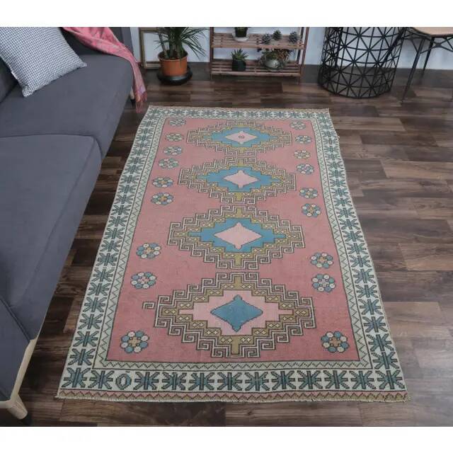 Vintage Turkish Oushak Handmade Pink Wool Rug 122x201