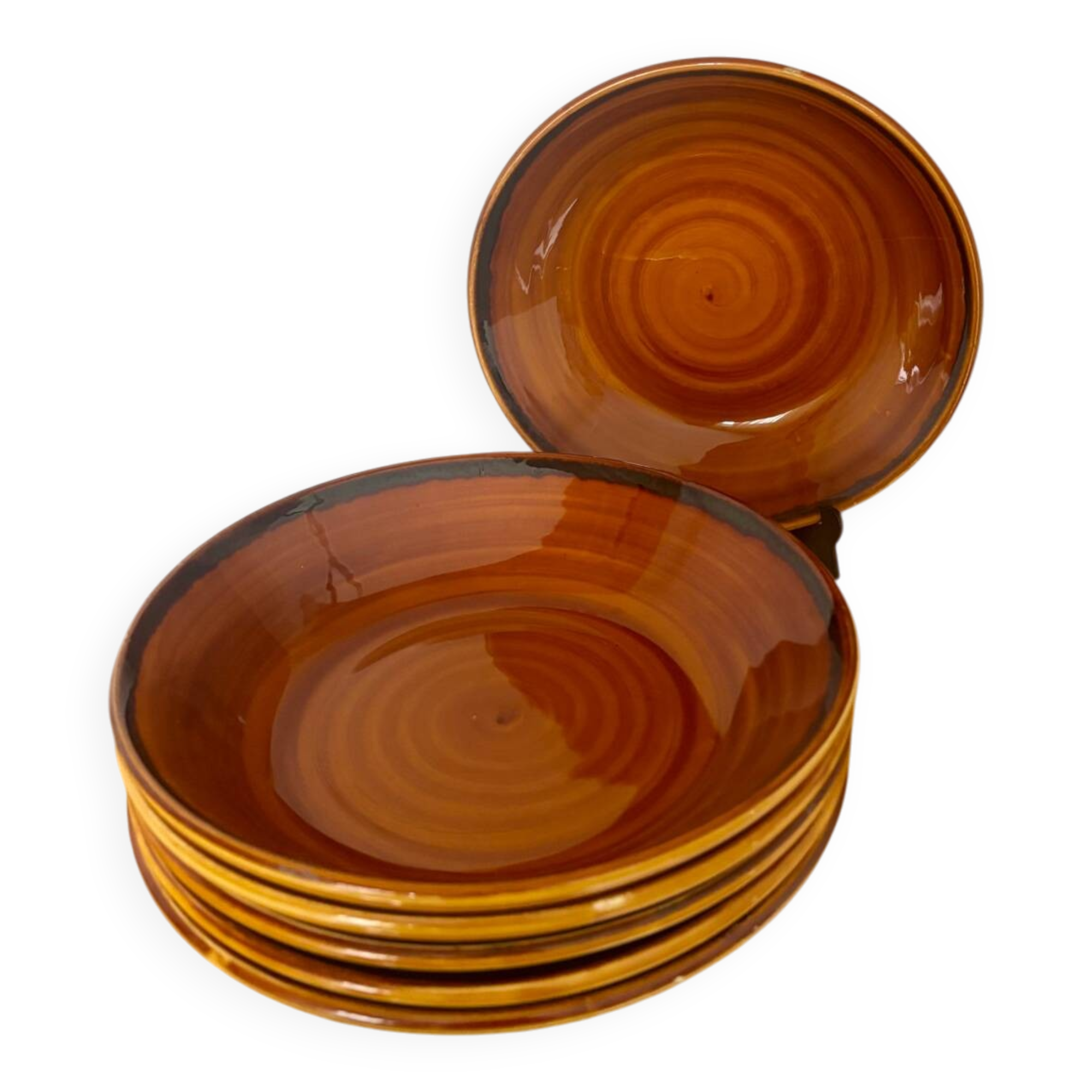 Set of 6 beautiful honey brown Luneville soup plates