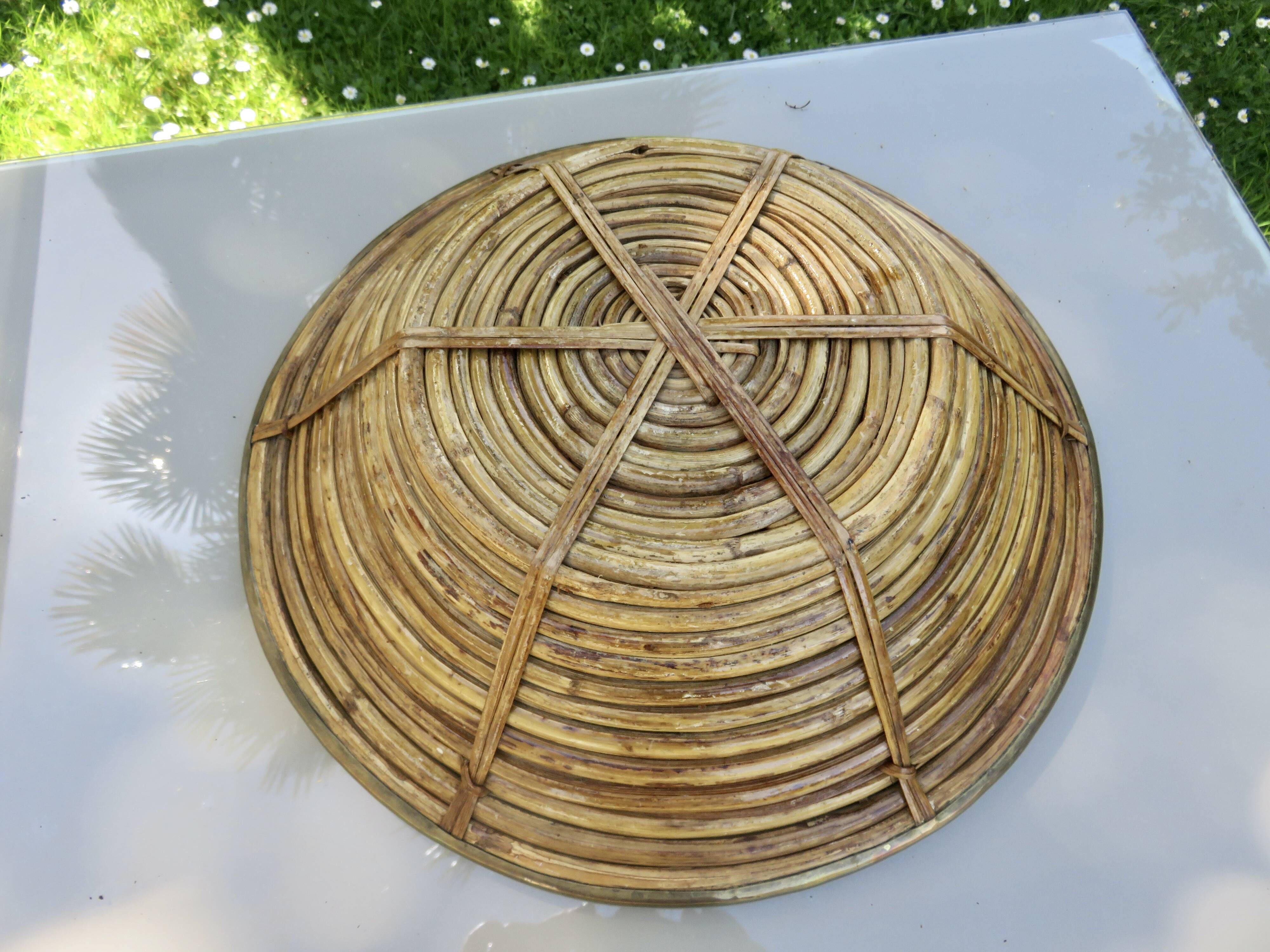 Large basket in the style of Gabriella Crespi made of bamboo and brass.
