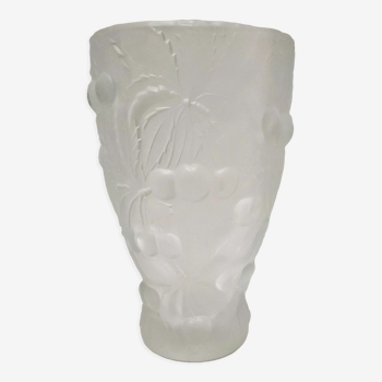 Vase verre pressé moulé mat Josef Inwald décor cerises