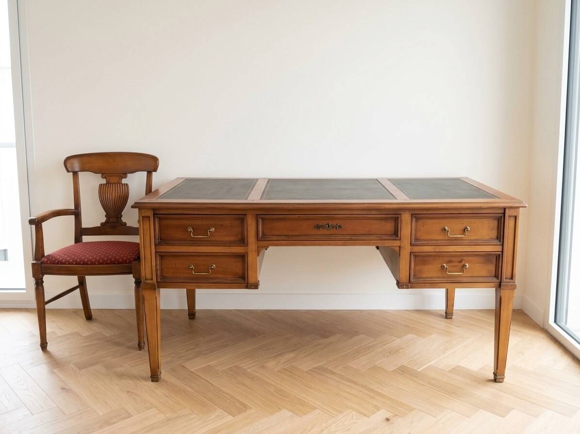 Office set and chair in cherry wood, antique style.