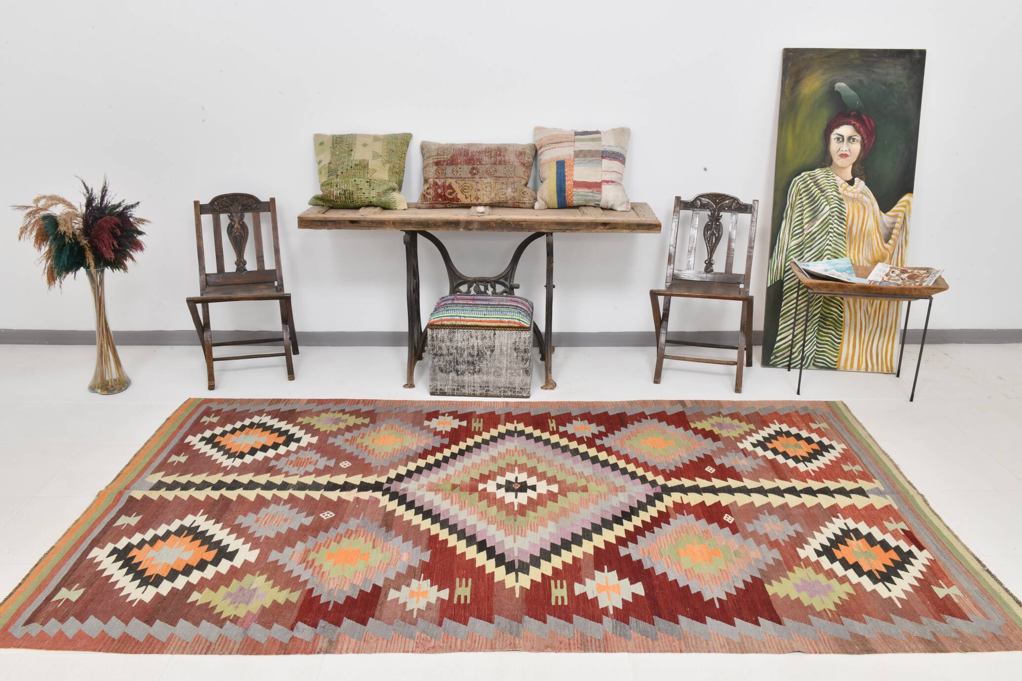 5x10 Dark Red Green Tribal Vintage Kilim Rug