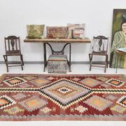 Tapis Kilim tribal vintage rouge foncé vert 5x10
