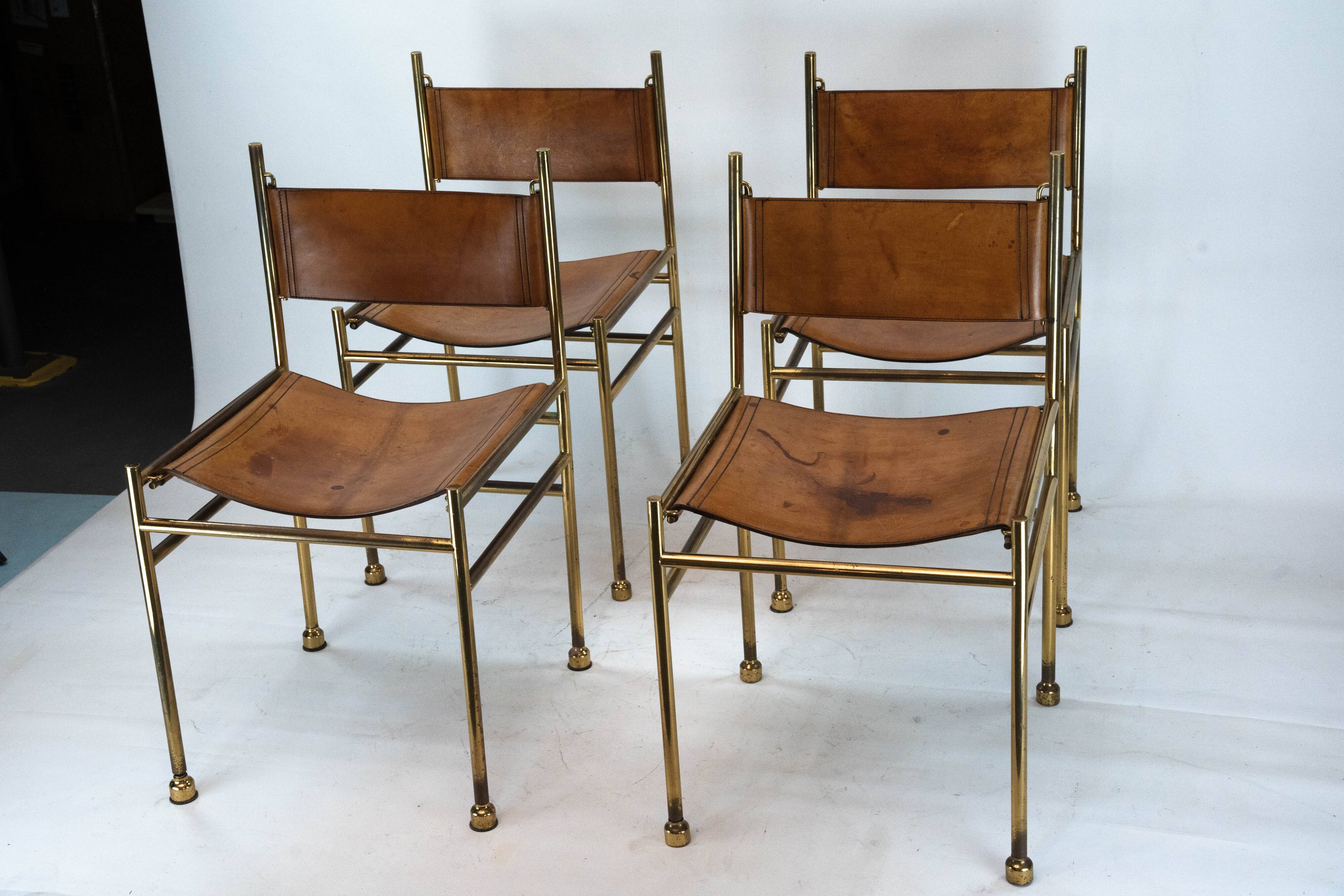 Set of 4 Brass and Leather Chairs by Luciano Frigerio, Italy, 1970s
