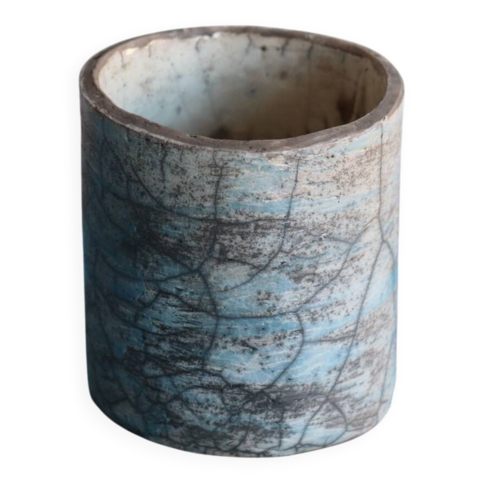 Blue raku ceramic cylindrical vase
