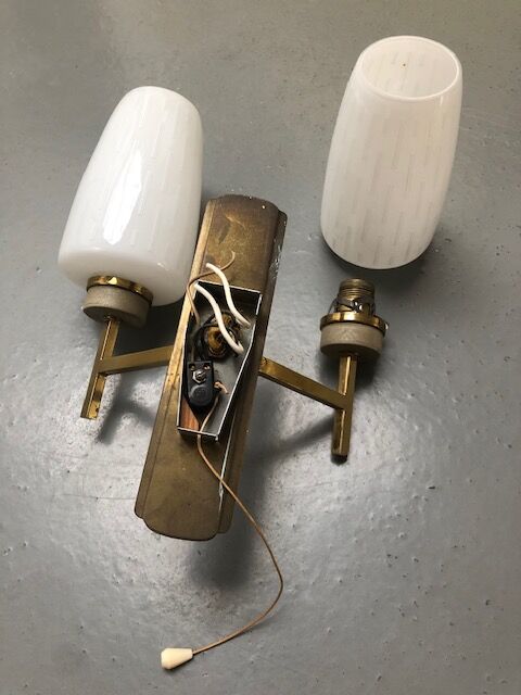 Pair of double vintage wall sconces in glass and brass
