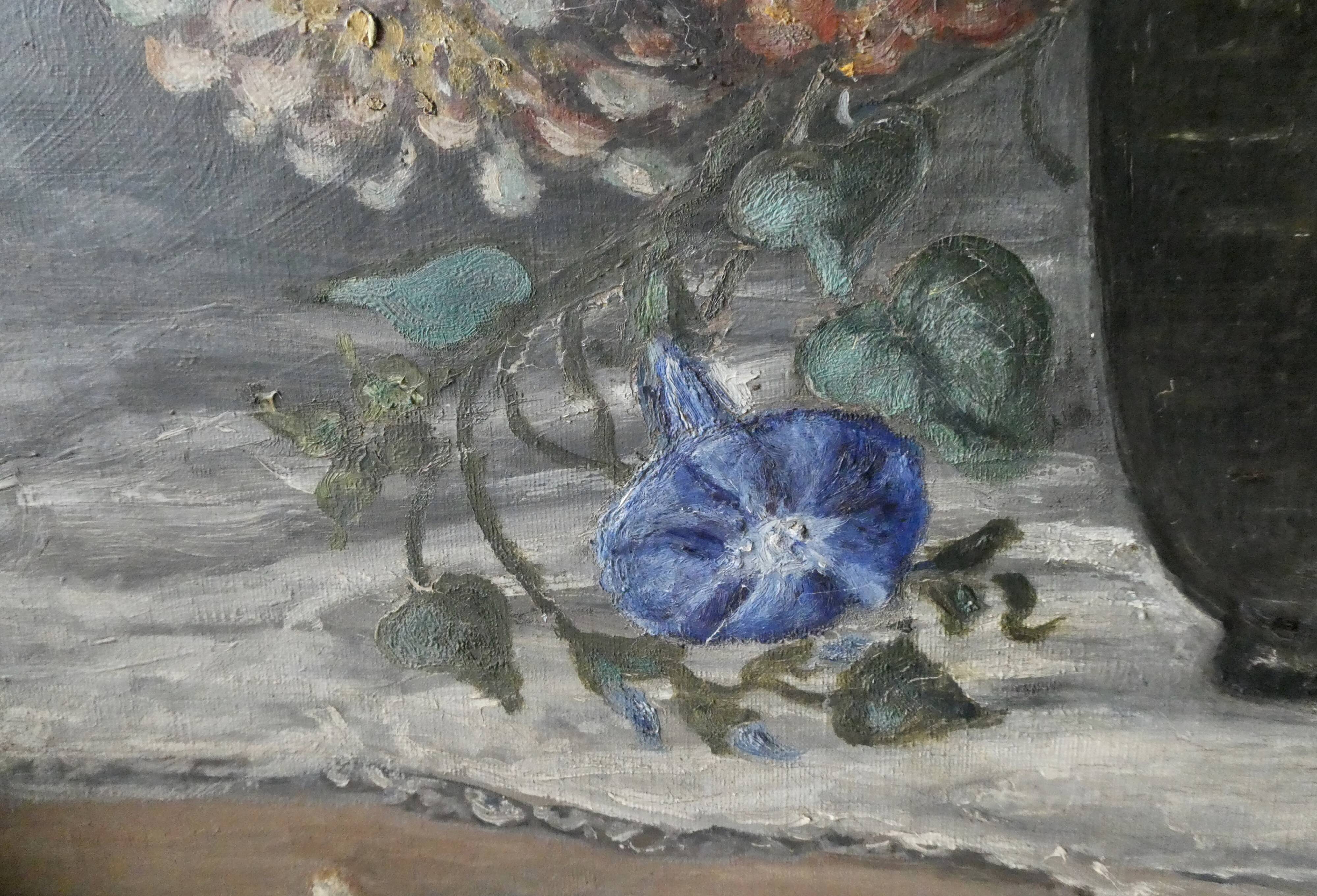 Table, oil on canvas, bouquet of flowers, signed