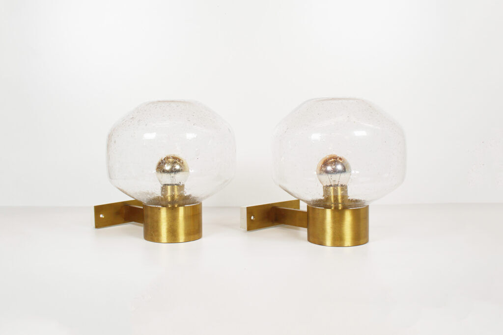 Pair of vintage brass and mouth blown glass wall lights